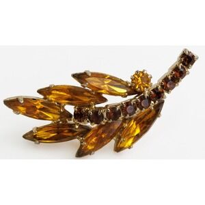Vintage 1960s Amber Rhinestone Leaf Brooch Gold Tone Autumn Fall Statement Pin